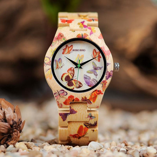 Wooden Watch for Women Band Painting Butterfly in Wooden Box