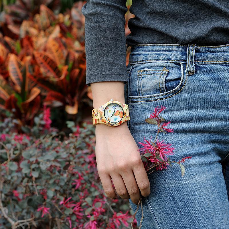 Wooden Watch for Women Band Painting Butterfly in Wooden Box