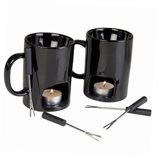 Set of 2 Fondue Mugs With 8 Votives, 4 Forks